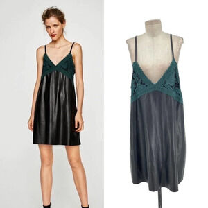 Zara Dress Faux Leather Crochet Embroidered Slip Mini Black Green Size Large